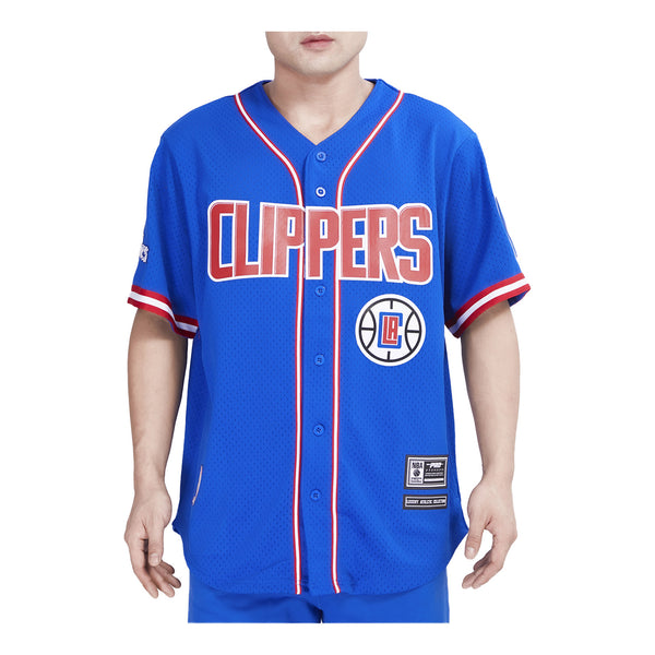 LA Clippers Pro Standard Mesh Baseball Button-Up T-Shirt In Blue, Red & White - Front View On Model