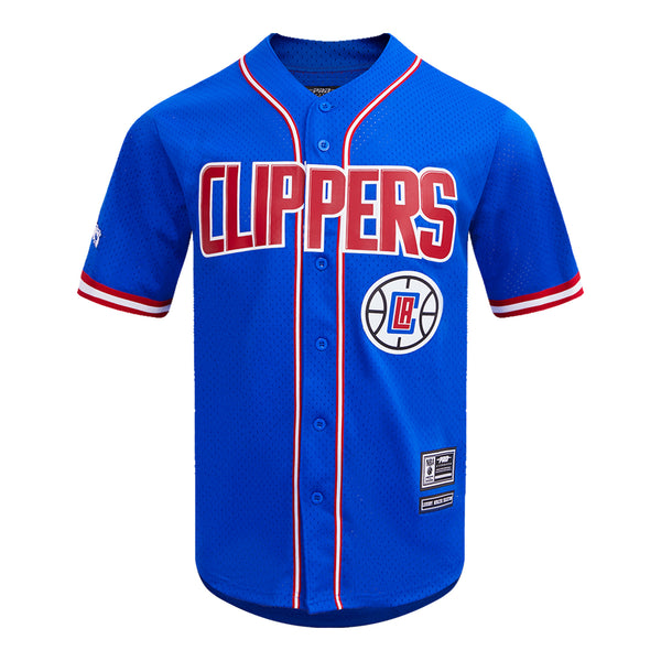 LA Clippers Pro Standard Mesh Baseball Button-Up T-Shirt In Blue, Red & White - Front View
