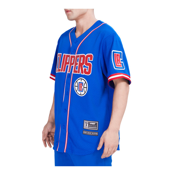 LA Clippers Pro Standard Mesh Baseball Button-Up T-Shirt In Blue, Red & White - Front Left View On Model