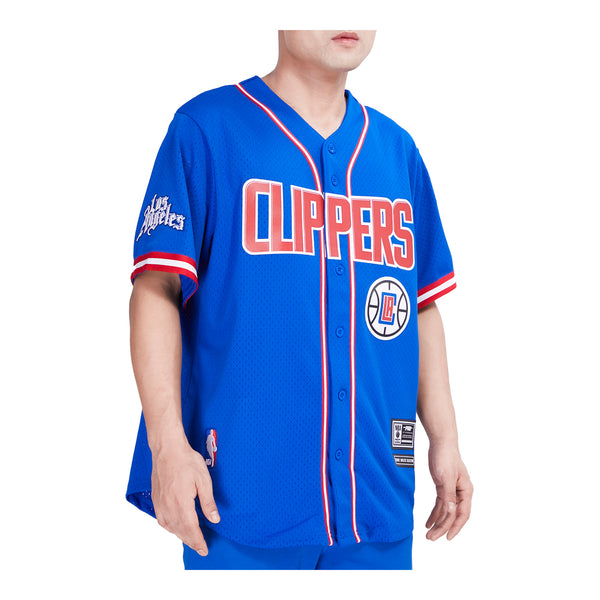 LA Clippers Pro Standard Mesh Baseball Button-Up T-Shirt In Blue, Red & White - Front Right View On Model