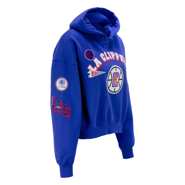Ladies WEAR by Erin Andrews Team Spirit Cropped Pullover Hood In Blue, White & Red - Left Side View