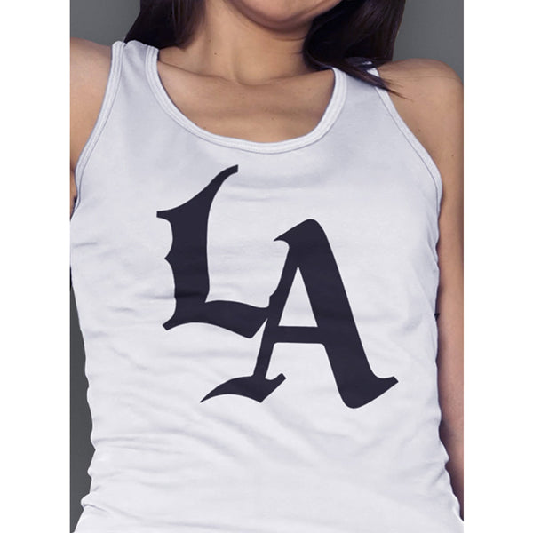 Ladies LA Logo Tri Blend Tank Top in White - Front View Worn