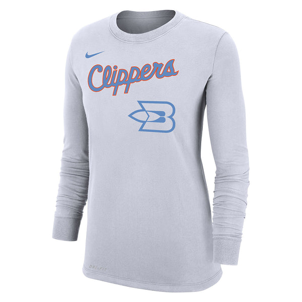 2021 LA Clippers City Edition Moments Mixtape Ladies Nike  Long Sleeve T-Shirt in White - Front View