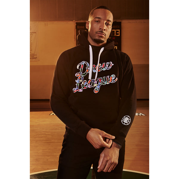 2022-23 LA Clippers City Edition Sportiqe Olsen Hooded Sweatshirt In Black & Stained Glass Color - Front View On Norman Powell